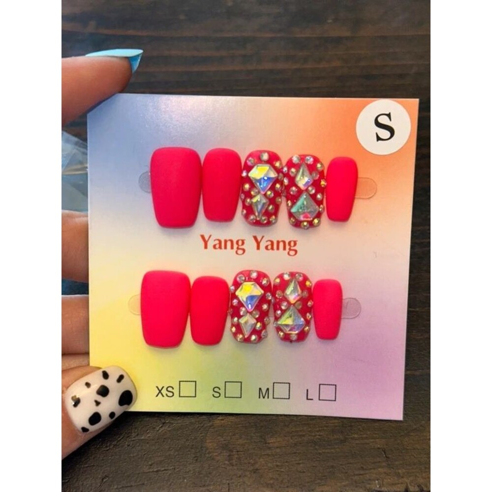 Matte Pink Rhinestone Square Press On Nails Size Small